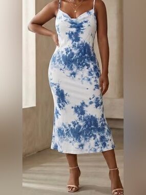 White & Blue Tie-Dye Slip Mini Dress